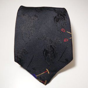 Vtg Ralph Lauren Embroidered Black On Black Equestrian Polo Player Tie Made Hand